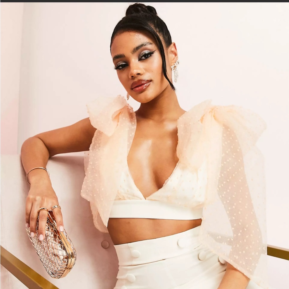 ASOS LUXE textured tie shoulder top in cream pale pink tulle bow crop US 6 small - Picture 1 of 12